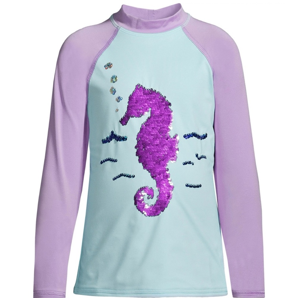 Lands End Purple & Blue girls (10-12) Rashguard w flip sequence Seahorse.